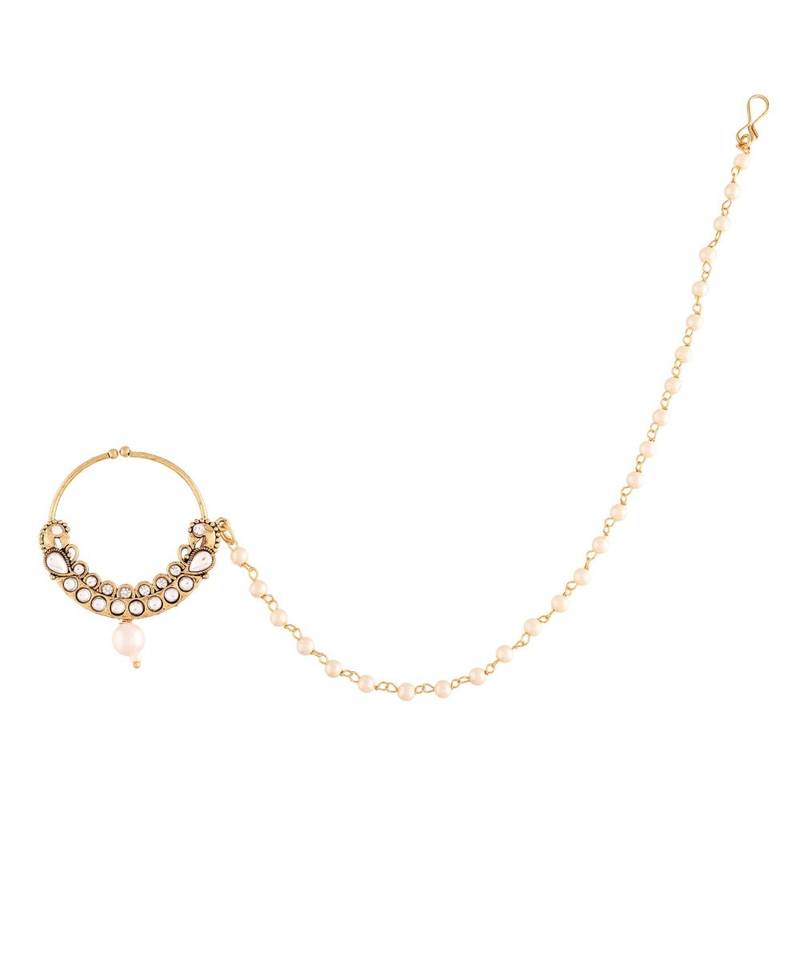 Gold Plated Traditional Ethnic Bridal Nose Ring Nath without piercing with Pearl Chain Encased with Pearl  
