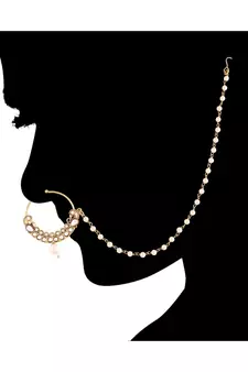 Gold Plated Traditional Ethnic Bridal Nose Ring Nath without piercing with Pearl Chain Encased with Pearl  