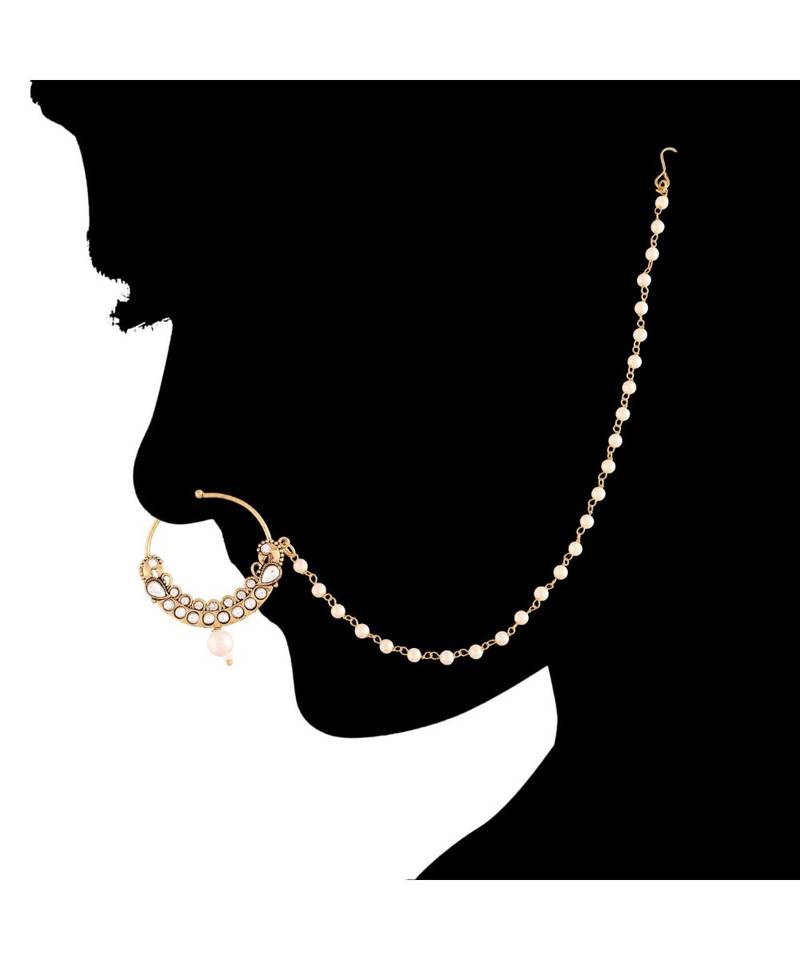 Gold Plated Traditional Ethnic Bridal Nose Ring Nath without piercing with Pearl Chain Encased with Pearl  