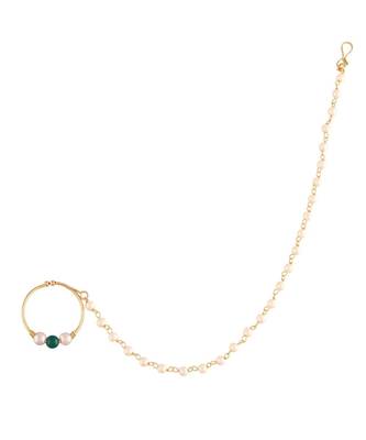Traditional Ethnic Bridal Nose Ring Nath without piercing with Pearl Chain Encased with Pearl  (NL43G) 1