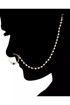 Traditional Ethnic Bridal Nose Ring Nath without piercing with Pearl Chain Encased with Pearl  (NL43G)