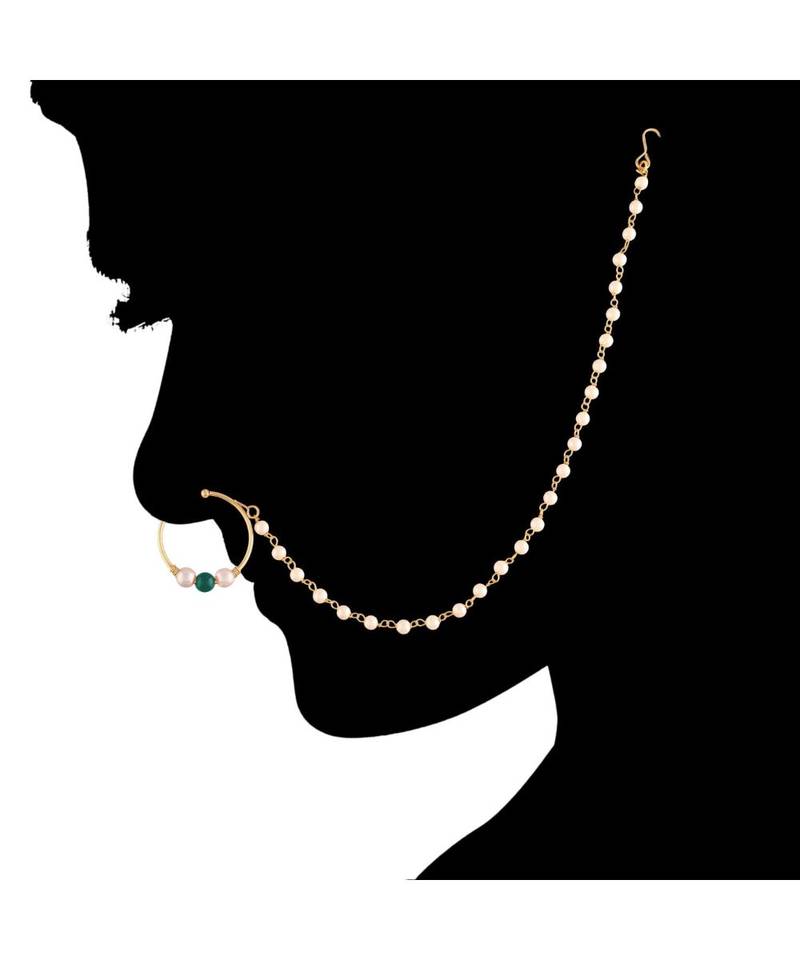 Traditional Ethnic Bridal Nose Ring Nath without piercing with Pearl Chain Encased with Pearl  (NL43G)