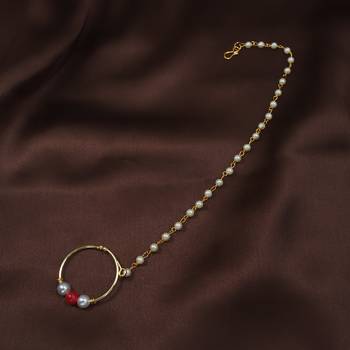 Traditional Ethnic Bridal Nose Ring Nath without piercing with Pearl Chain Encased with Pearl   2