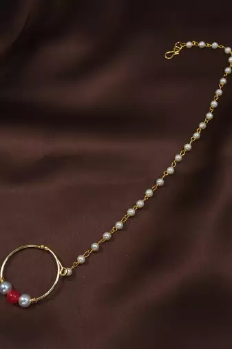 Traditional Ethnic Bridal Nose Ring Nath without piercing with Pearl Chain Encased with Pearl  