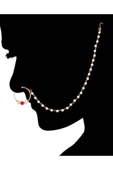 Traditional Ethnic Bridal Nose Ring Nath without piercing with Pearl Chain Encased with Pearl  (NL43R)
