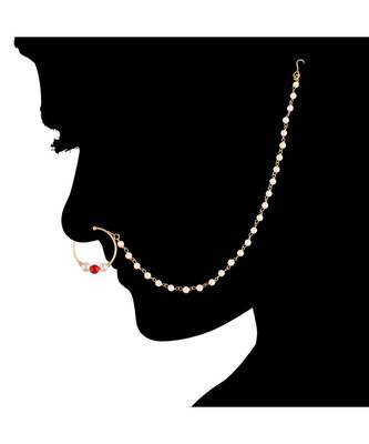 Traditional Ethnic Bridal Nose Ring Nath without piercing with Pearl Chain Encased with Pearl   1