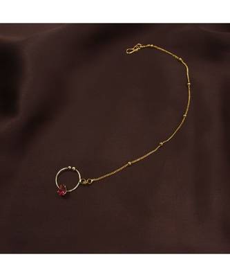 Gold Plated Traditional Ethnic Bridal Nose Ring Nath without piercing with Pearl Chain Encased with   2
