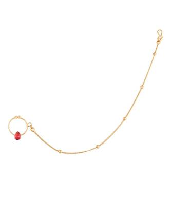 Gold Plated Traditional Ethnic Bridal Nose Ring Nath without piercing with Pearl Chain Encased with   3