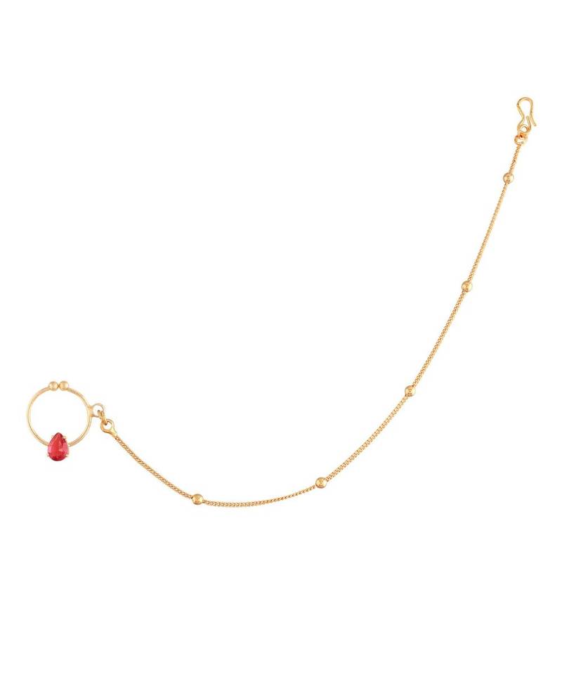 Gold Plated Traditional Ethnic Bridal Nose Ring Nath without piercing with Pearl Chain Encased with  