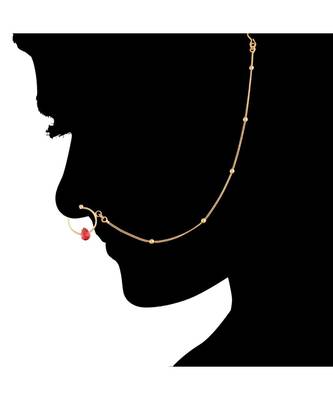 Gold Plated Traditional Ethnic Bridal Nose Ring Nath without piercing with Pearl Chain Encased with   1