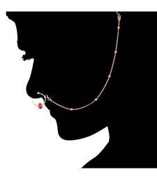Gold Plated Traditional Ethnic Bridal Nose Ring Nath without piercing with Pearl Chain Encased with  