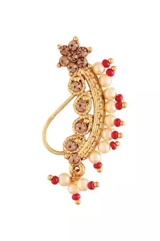Traditional Ethnic Bridal Maharashtrian Nose Ring Nath without piercing Encased with Pearl  