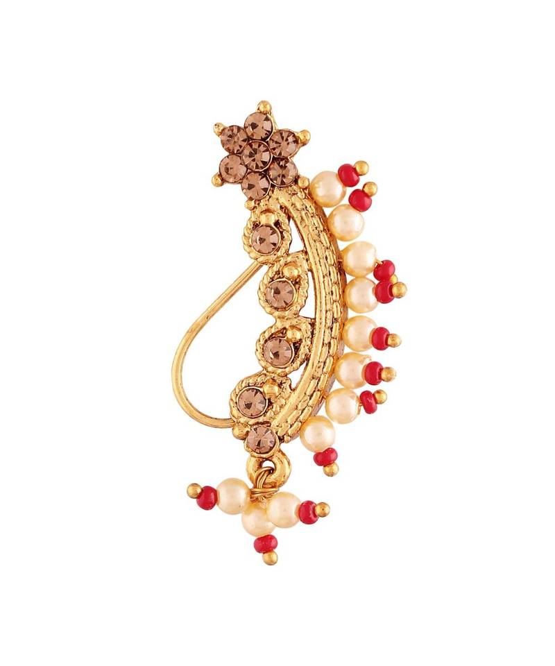 Traditional Ethnic Bridal Maharashtrian Nose Ring Nath without piercing Encased with Pearl  