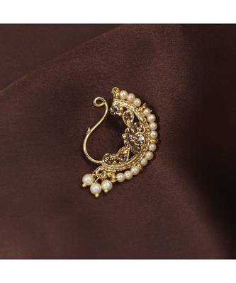 Traditional Ethnic Bridal Nose Ring Nath without piercing Encased with Pearl   1