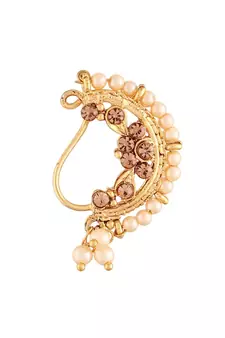 Traditional Ethnic Bridal Nose Ring Nath without piercing Encased with Pearl  