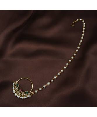 Traditional Ethnic Bridal Nose Ring Nath without piercing with Pearl Chain Encased with Pearl   2