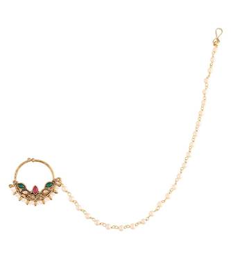 Traditional Ethnic Bridal Nose Ring Nath without piercing with Pearl Chain Encased with Pearl   3
