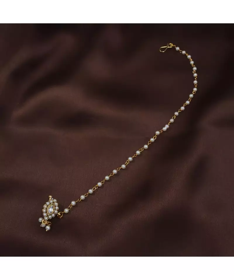 18k Gold Plated Traditional Ethnic Bridal Nose Ring Nath without piercing with Pearl Chain Encased with Pearl  (NL48W)