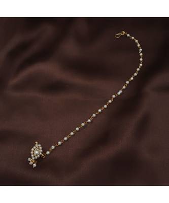 Traditional Ethnic Bridal Nose Ring Nath without piercing with Pearl Chain Encased with Pearl  (NL48W) 2