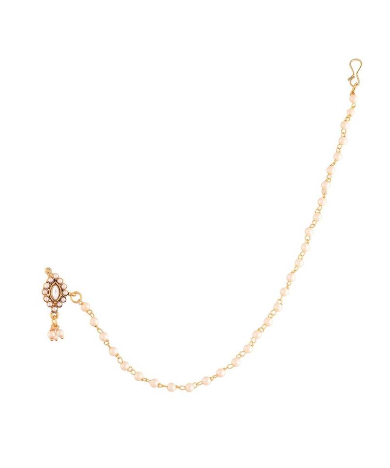 Traditional Ethnic Bridal Nose Ring Nath without piercing with Pearl Chain Encased with Pearl  (NL48W)