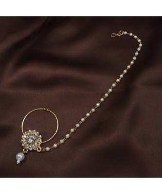 Traditional Ethnic Bridal Nose Ring Nath without piercing with Pearl Chain Encased with Pearl   1