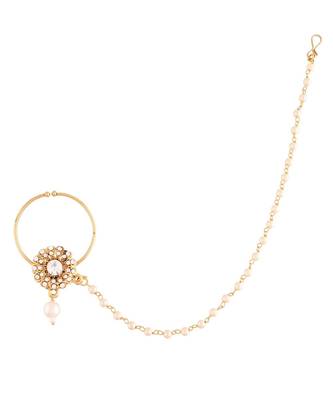 Traditional Ethnic Bridal Nose Ring Nath without piercing with Pearl Chain Encased with Pearl   2