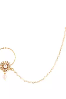 Traditional Ethnic Bridal Nose Ring Nath without piercing with Pearl Chain Encased with Pearl  