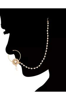 Traditional Ethnic Bridal Nose Ring Nath without piercing with Pearl Chain Encased with Pearl  