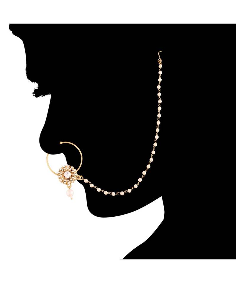Traditional Ethnic Bridal Nose Ring Nath without piercing with Pearl Chain Encased with Pearl  