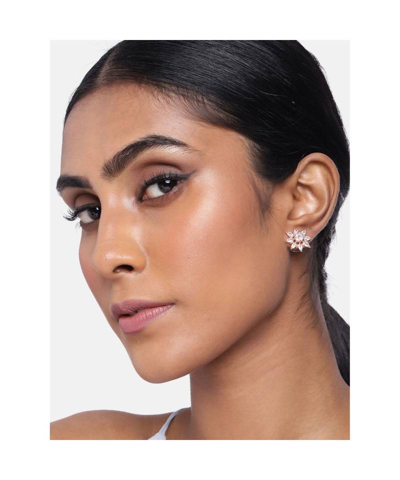 Rose Gold Plated CZ American Diamond Floral Shaped Studs Earrings for   