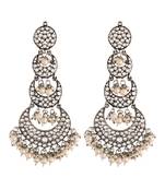 Silver Oxidised Intricately Designed Traditional Earrings with Hair Chain Encased With Kundans & Pearls 