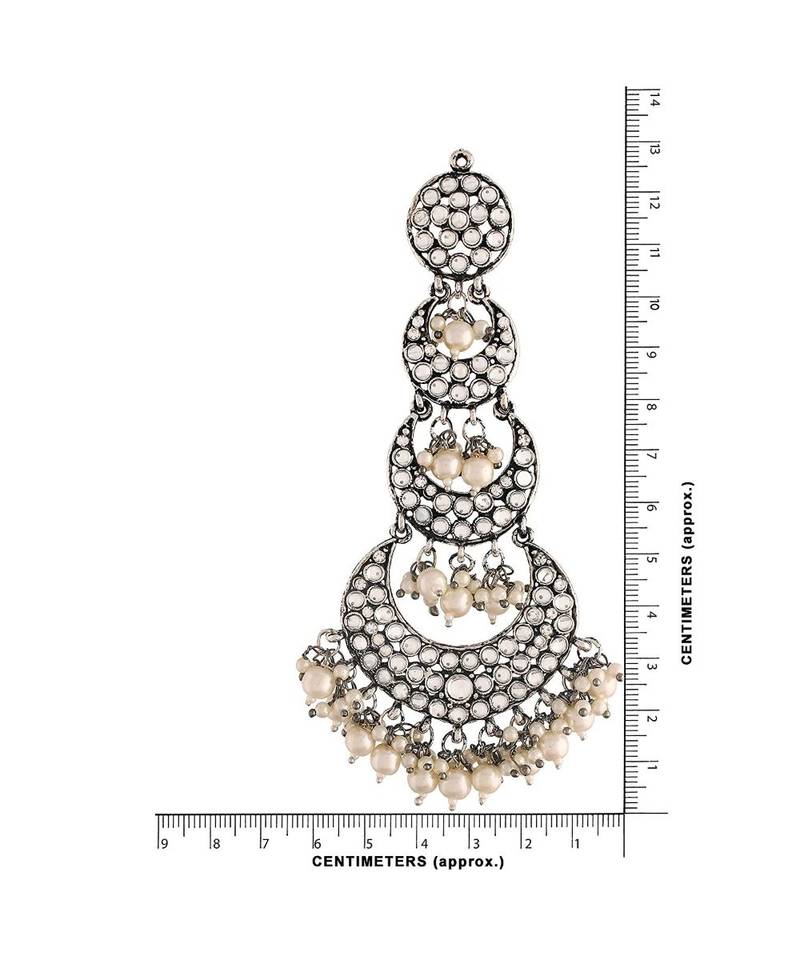 Silver Oxidised Intricately Designed Traditional Earrings with Hair Chain Encased With Kundans & Pearls 