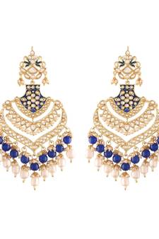Intricately Designed Traditional Long Earrings Enamel Glided With Kundans & Pearls (E2903Bl)
