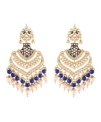 Intricately Designed Traditional Long Earrings Enamel Glided With Kundans & Pearls  1