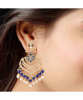 Intricately Designed Traditional Long Earrings Enamel Glided With Kundans & Pearls  2