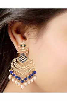 Intricately Designed Traditional Long Earrings Enamel Glided With Kundans & Pearls 