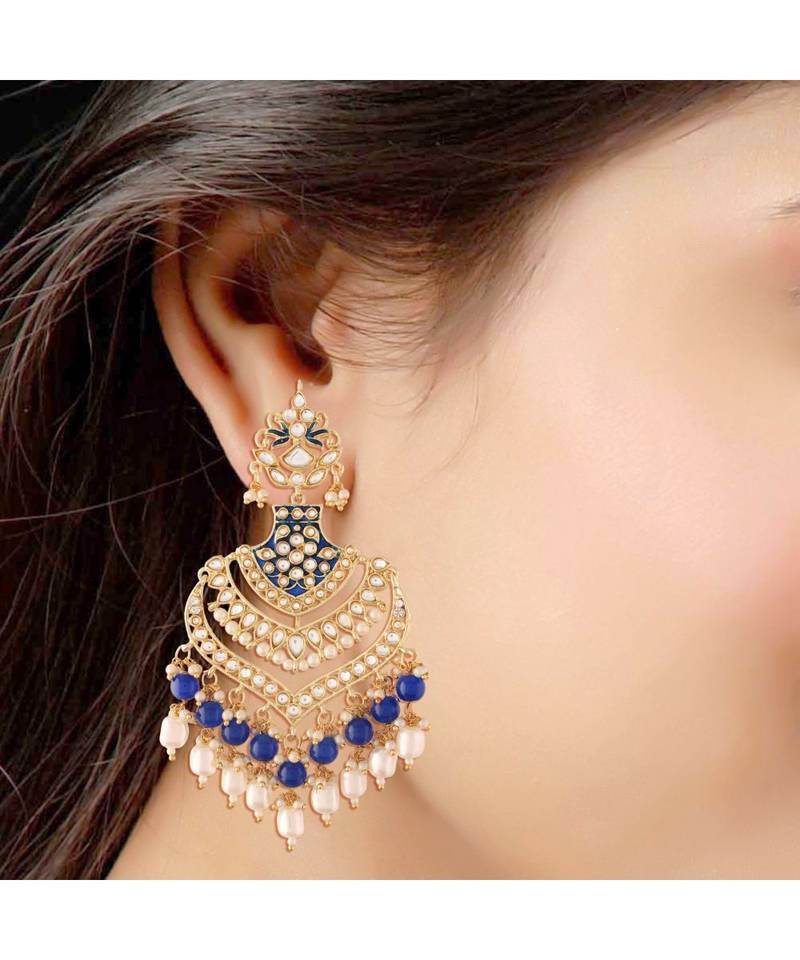 Intricately Designed Traditional Long Earrings Enamel Glided With Kundans & Pearls 