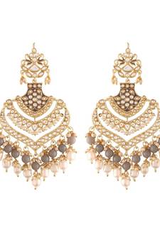 Intricately Designed Traditional Long Earrings Enamel Glided With Kundans & Pearls (E2903Gr)