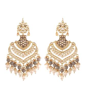 Intricately Designed Traditional Long Earrings Enamel Glided With Kundans & Pearls  1