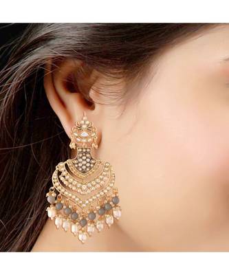 Intricately Designed Traditional Long Earrings Enamel Glided With Kundans & Pearls  2