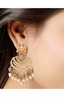 Intricately Designed Traditional Long Earrings Enamel Glided With Kundans & Pearls 
