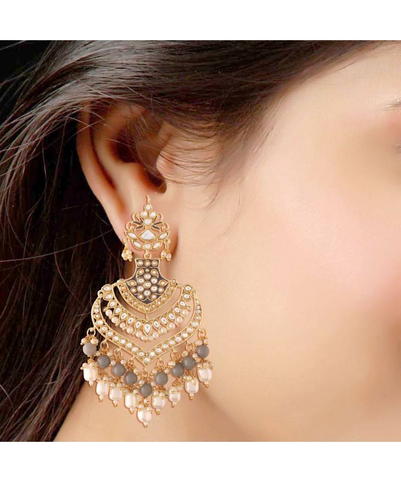 Intricately Designed Traditional Long Earrings Enamel Glided With Kundans & Pearls 