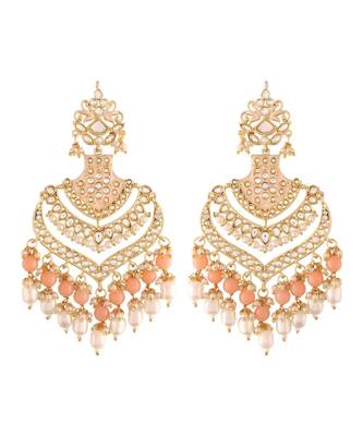 Designer Traditional Long Earrings Enamel Glided With Kundans & Pearls  1
