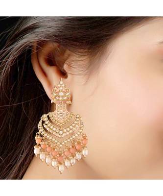 Designer Traditional Long Earrings Enamel Glided With Kundans & Pearls  2