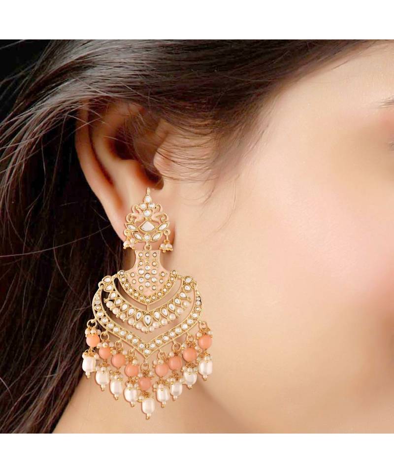 Designer Traditional Long Earrings Enamel Glided With Kundans & Pearls 