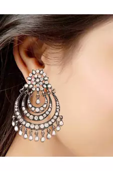 Silver Oxidised Traditional Stone Studded Chandbali Earrings for   (E2633OX)
