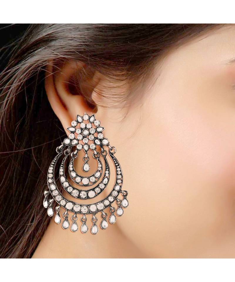 Silver Oxidised Traditional Stone Studded Chandbali Earrings for   (E2633OX)
