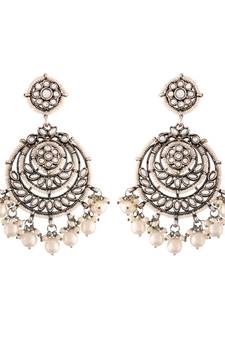 Silver Oxidised Intricately Designed Traditional Beaded Chandbali Earrings Glided With Kundans & Pearls (E3002OX)