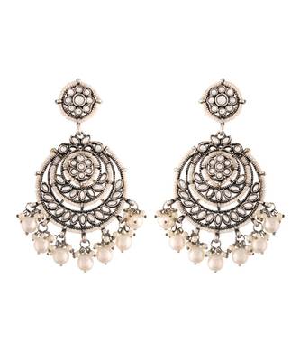Silver Oxidised Intricately Designed Traditional Beaded Chandbali Earrings Glided With Kundans & Pearls  1