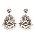 Silver Oxidised Intricately Designed Traditional Beaded Chandbali Earrings Glided With Kundans & Pearls 